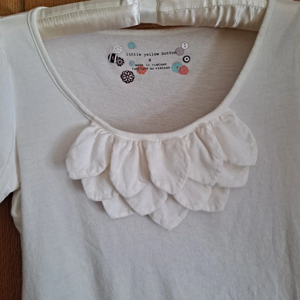 Anthropologie Little Yellow Button Cream Ruffled Top with Puff Sleeves